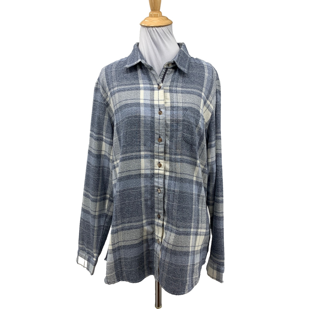 Kuhl Shirt Womens L Large White Blue Plaid Kamila Flannel Button Up Long Sleeve